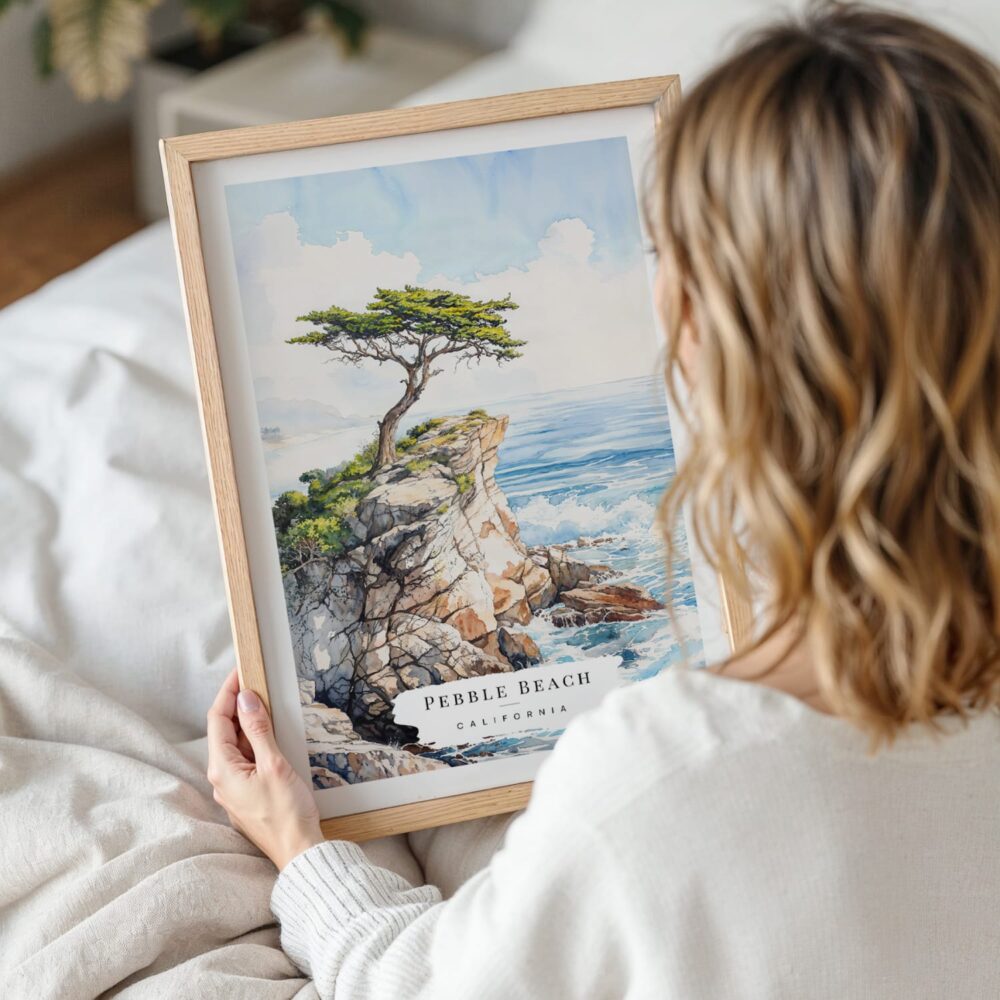 Woman Holding Framed The Lone Cypress Pebble Beach Watercolor Wall Art - Portrait Woman Holding Framed The Lone Cypress Pebble Beach Watercolor Wall Art - Portrait