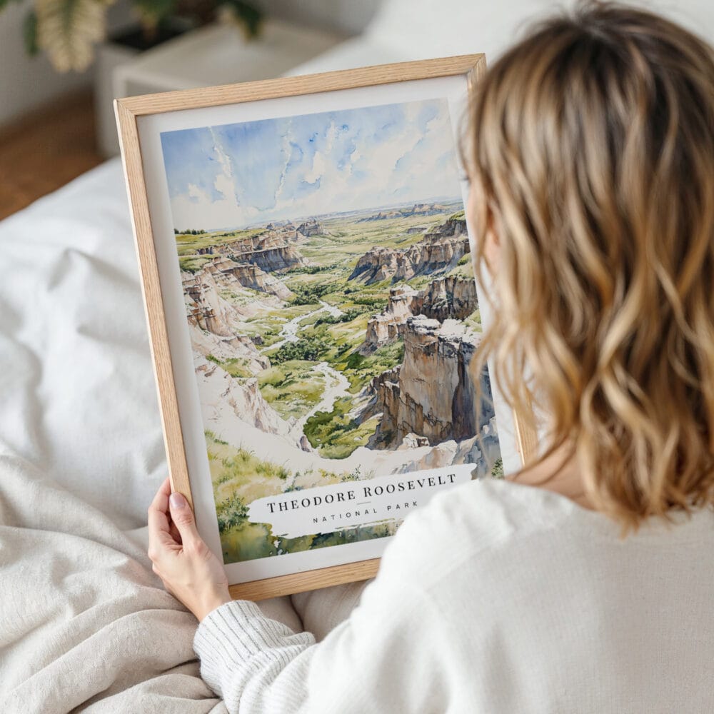 Woman Holding Framed Theodore Roosevelt National Park Watercolor Wall Art - Portrait Woman Holding Framed Theodore Roosevelt National Park Watercolor Wall Art - Portrait