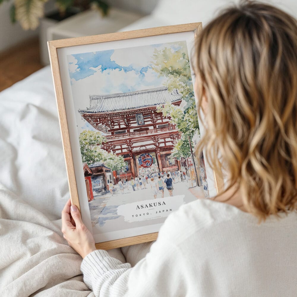 Woman Holding Framed Tokyo Asakusa Watercolor Wall Art - Portrait Woman Holding Framed Tokyo Asakusa Watercolor Wall Art - Portrait
