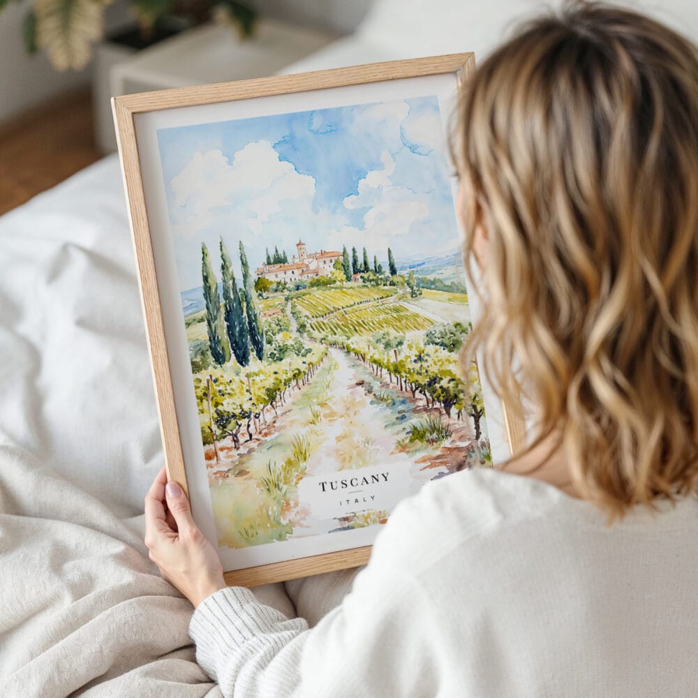 Woman Holding Framed Tuscany Italy Watercolor Wall Art - Portrait Woman Holding Framed Tuscany Italy Watercolor Wall Art - Portrait