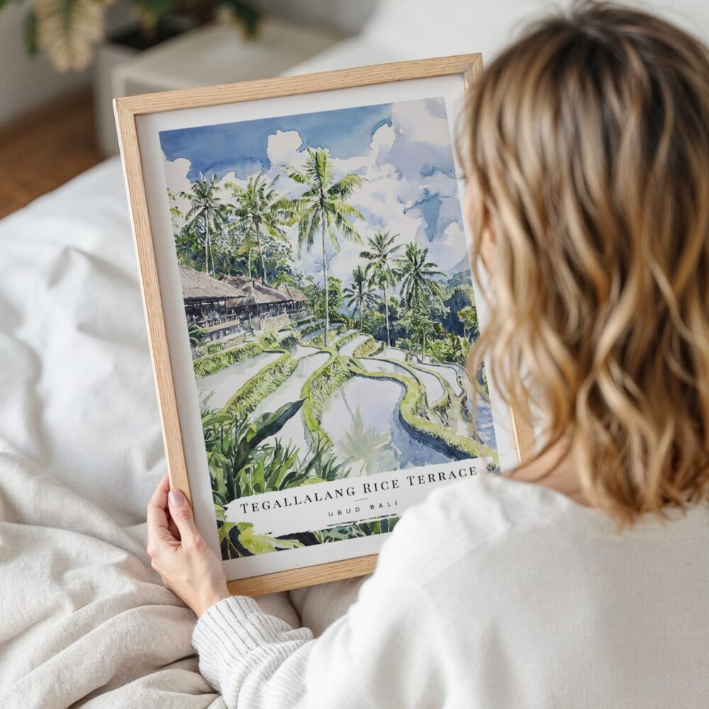 Woman Holding Framed Ubud Bali Rice Terrace Watercolor Wall Art - Portrait Woman Holding Framed Ubud Bali Rice Terrace Watercolor Wall Art - Portrait