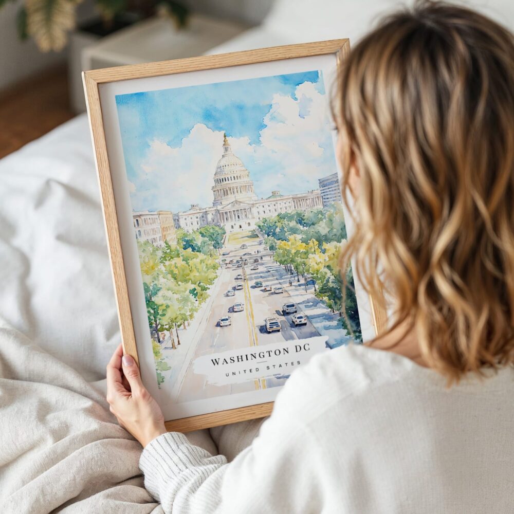 Woman Holding Framed Washington DC Watercolor Wall Art - Portrait Woman Holding Framed Washington DC Watercolor Wall Art - Portrait