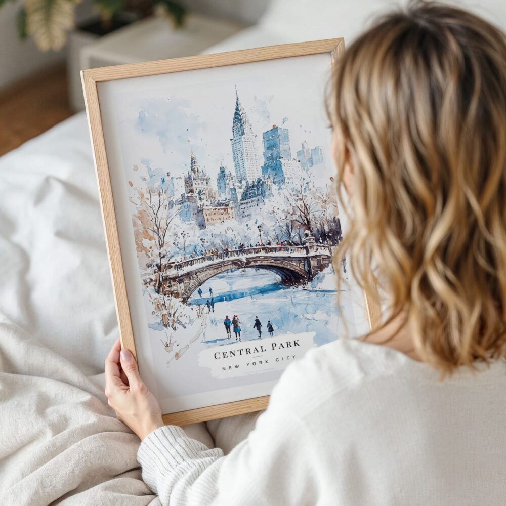 Woman Holding Framed White Christmas Central Park New York Watercolor in Winter Wall Art - Portrait Woman Holding Framed White Christmas Central Park New York Watercolor in Winter Wall Art - Portrait