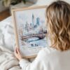 Woman Holding Framed White Christmas Central Park New York Watercolor in Winter Wall Art - Portrait