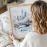 Woman Holding Framed White Christmas Central Park New York Watercolor in Winter Wall Art - Portrait