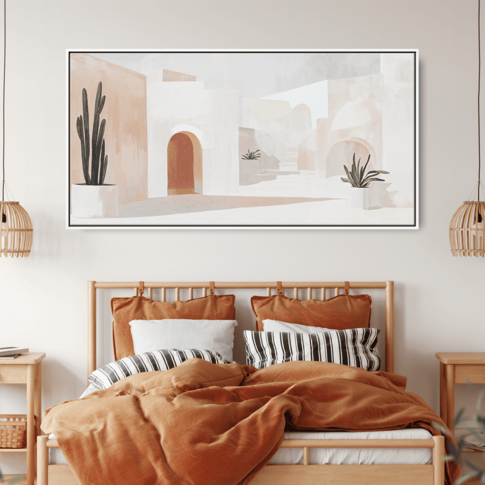 Abstract Mid-Century Style Painting with mediterranean Vibes Panorama Canvas Print - Bedroom Abstract Mid-Century Style Painting with mediterranean Vibes Panorama Canvas Print - Bedroom