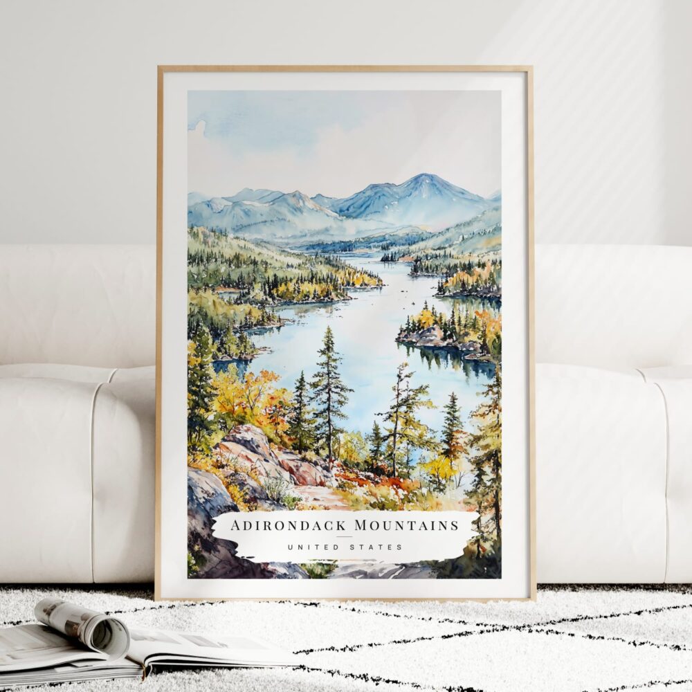 Adirondack Mountains Watercolor Art Print - Wood Frame standing on Floor Adirondack Mountains Watercolor Art Print - Wood Frame standing on Floor