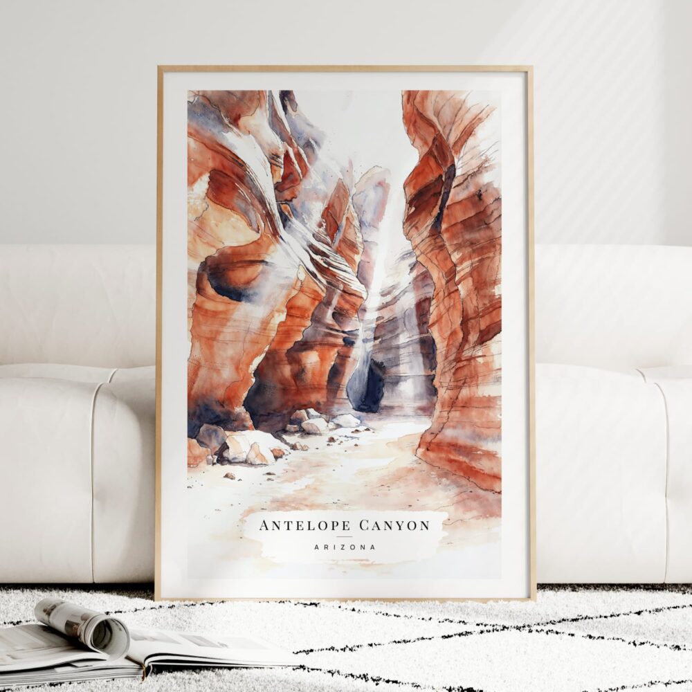 Antelope Canyon Watercolor Art Print - Wood Frame standing on Floor Antelope Canyon Watercolor Art Print - Wood Frame standing on Floor