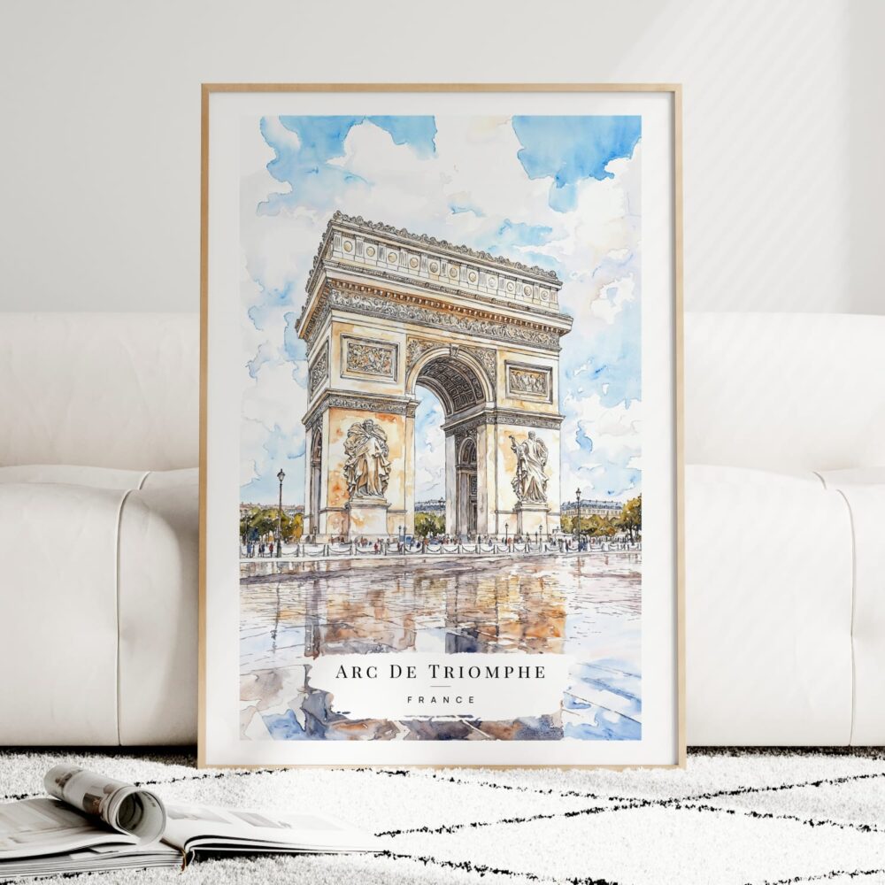 Arc De Triomphe Watercolor Art Print - Wood Frame standing on Floor Arc De Triomphe Watercolor Art Print - Wood Frame standing on Floor