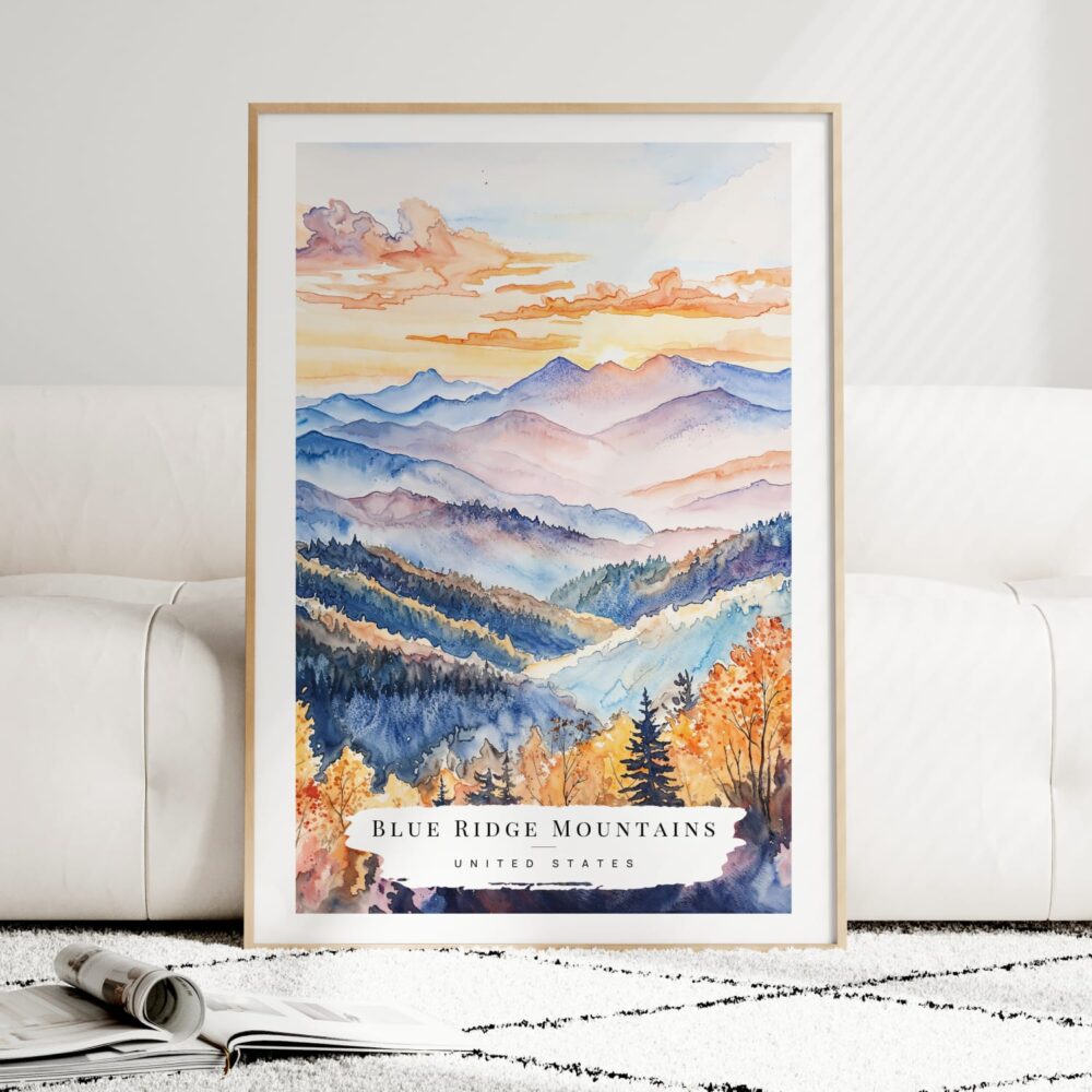 Blue Ridge Mountains Watercolor Art Print - Wood Frame standing on Floor Blue Ridge Mountains Watercolor Art Print - Wood Frame standing on Floor
