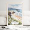 Cannon Beach Oregon Watercolor Art Print - Wood Frame standing on Floor