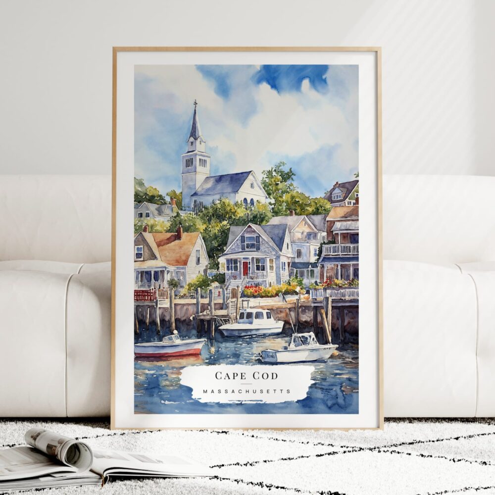 Cape Cod Watercolor Art Print - Wood Frame standing on Floor Cape Cod Watercolor Art Print - Wood Frame standing on Floor