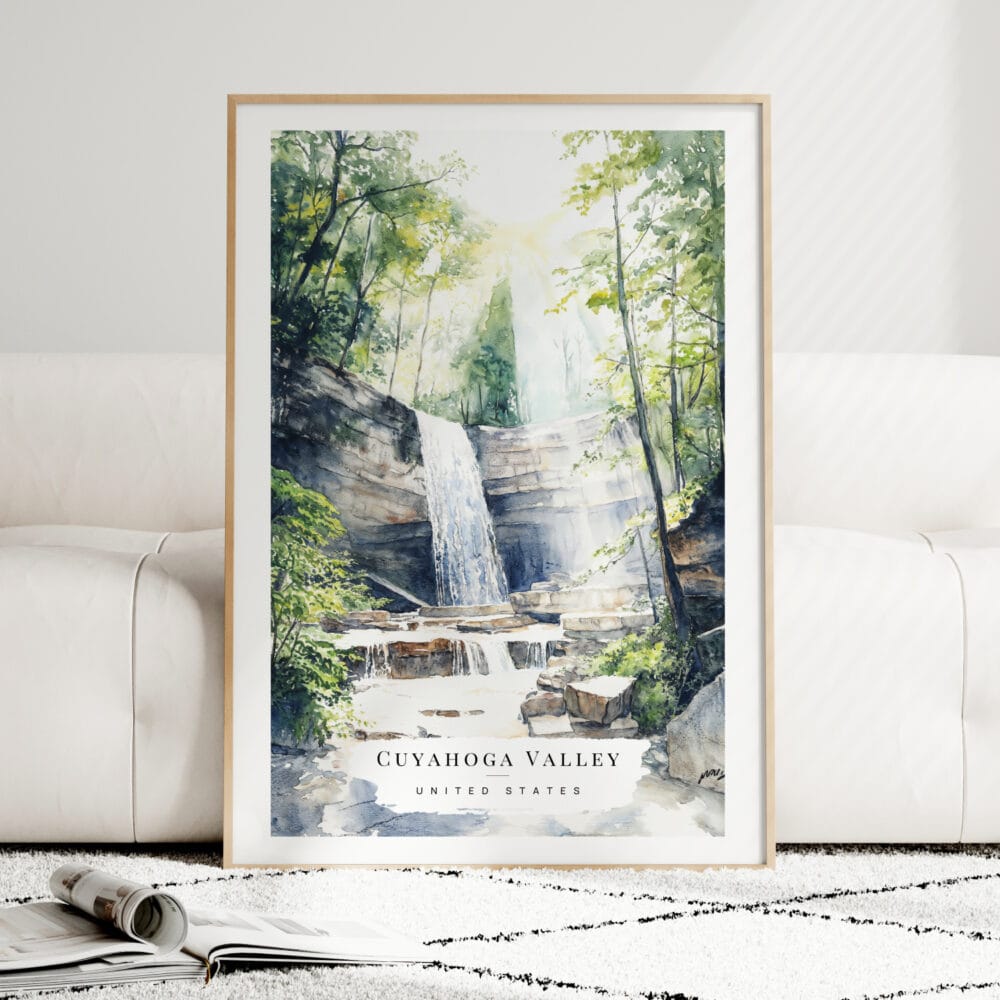 Cuyahoga Valley National Park Watercolor Art Print - Wood Frame standing on Floor Cuyahoga Valley National Park Watercolor Art Print - Wood Frame standing on Floor