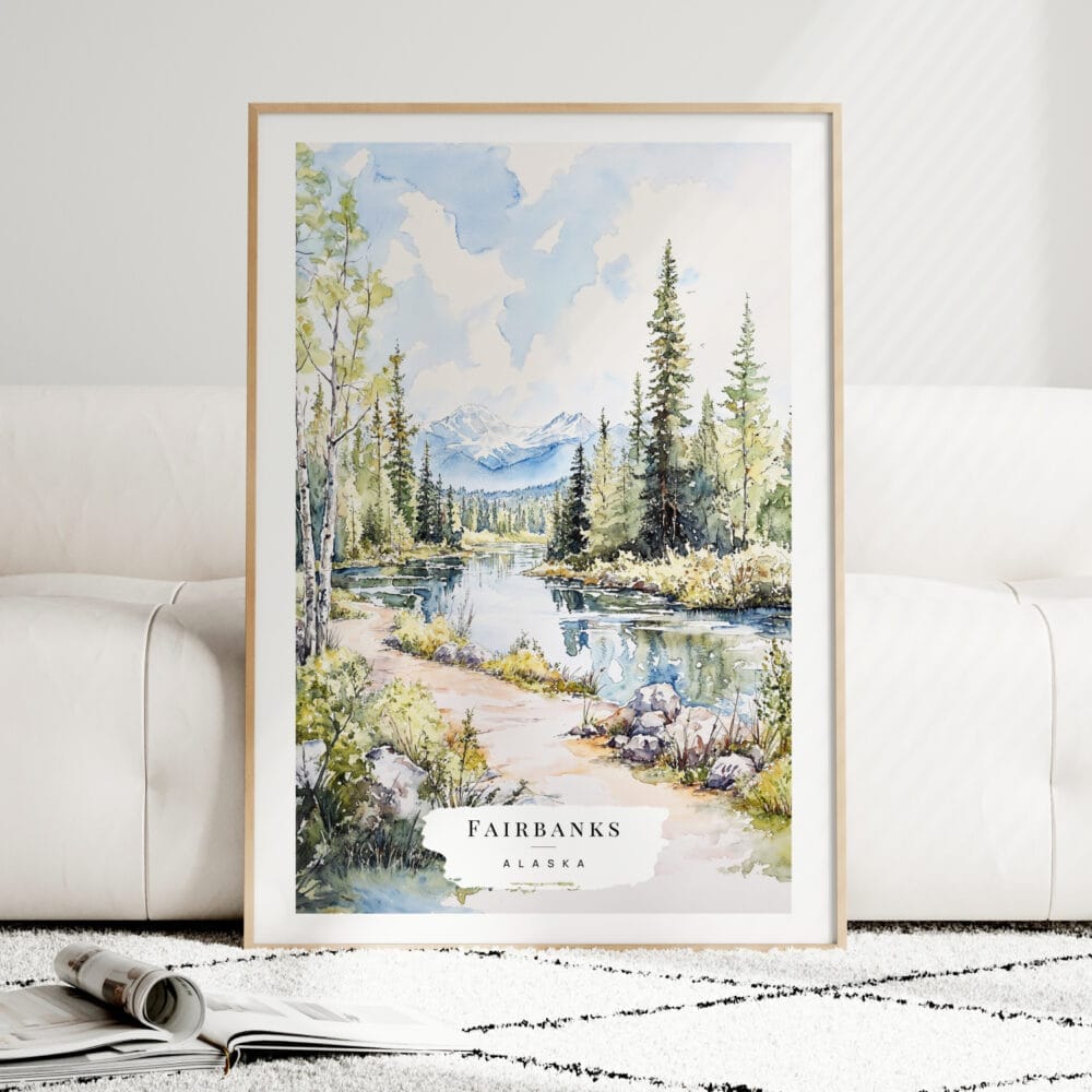 Fairbanks Alaska Nature Watercolor Art Print - Wood Frame standing on Floor Fairbanks Alaska Nature Watercolor Art Print - Wood Frame standing on Floor