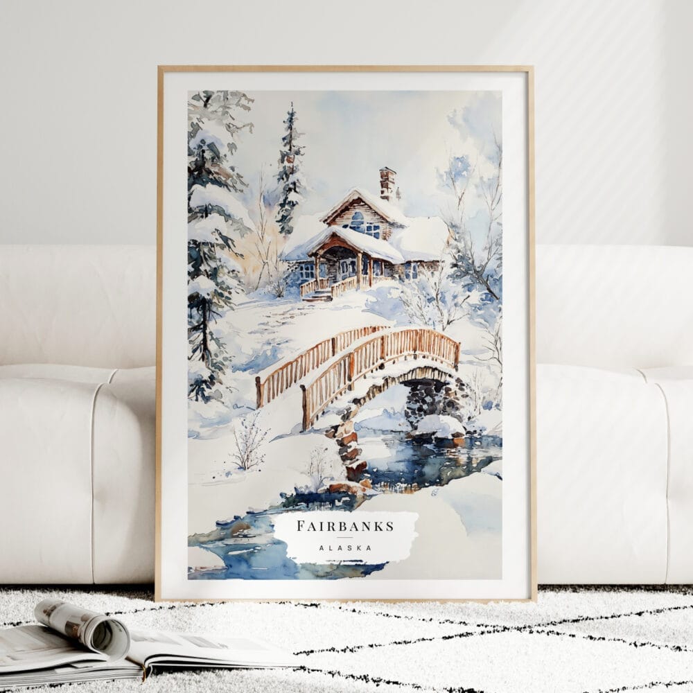 Fairbanks Alaska Winter Watercolor Art Print - Wood Frame standing on Floor Fairbanks Alaska Winter Watercolor Art Print - Wood Frame standing on Floor