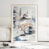 Fairbanks Alaska Winter Watercolor Art Print - Wood Frame standing on Floor