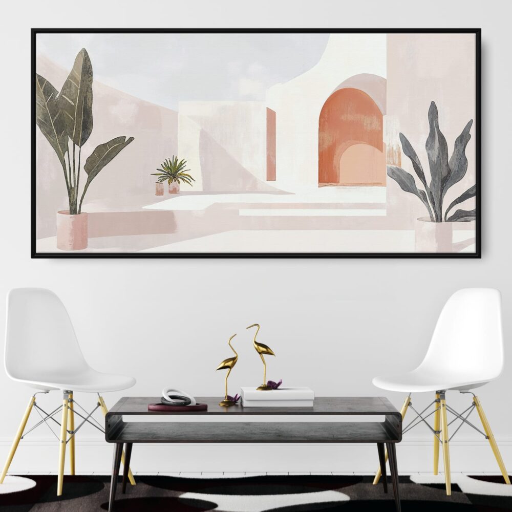 Framed Abstract Mediterranean Painting - Mid Century Style Canvas Print - Panorama - with Chairs Framed Abstract Mediterranean Painting - Mid Century Style Canvas Print - Panorama - with Chairs