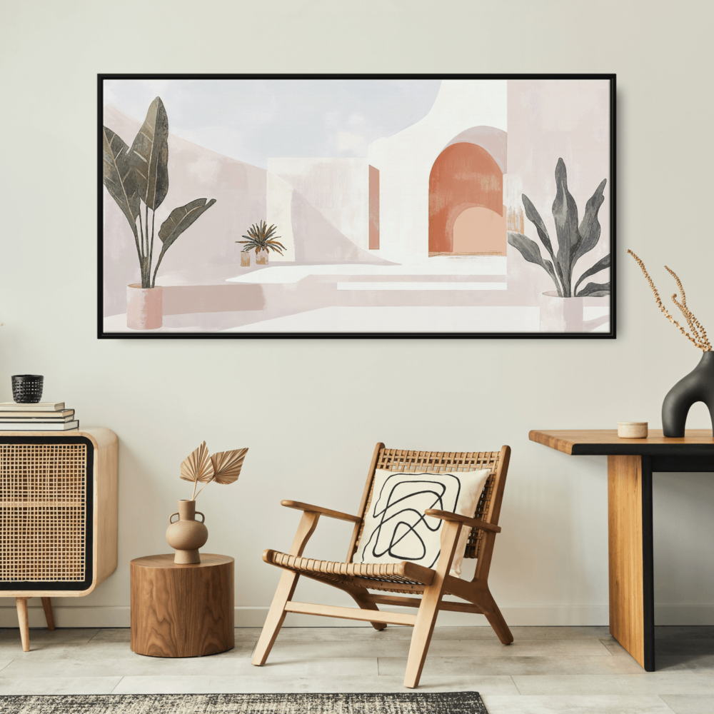 Framed Abstract Mediterranean Painting - Mid Century Style Canvas Wall Art - Panorama Canvas Print - Lounge- Framed Abstract Mediterranean Painting - Mid Century Style Canvas Wall Art - Panorama Canvas Print - Lounge-