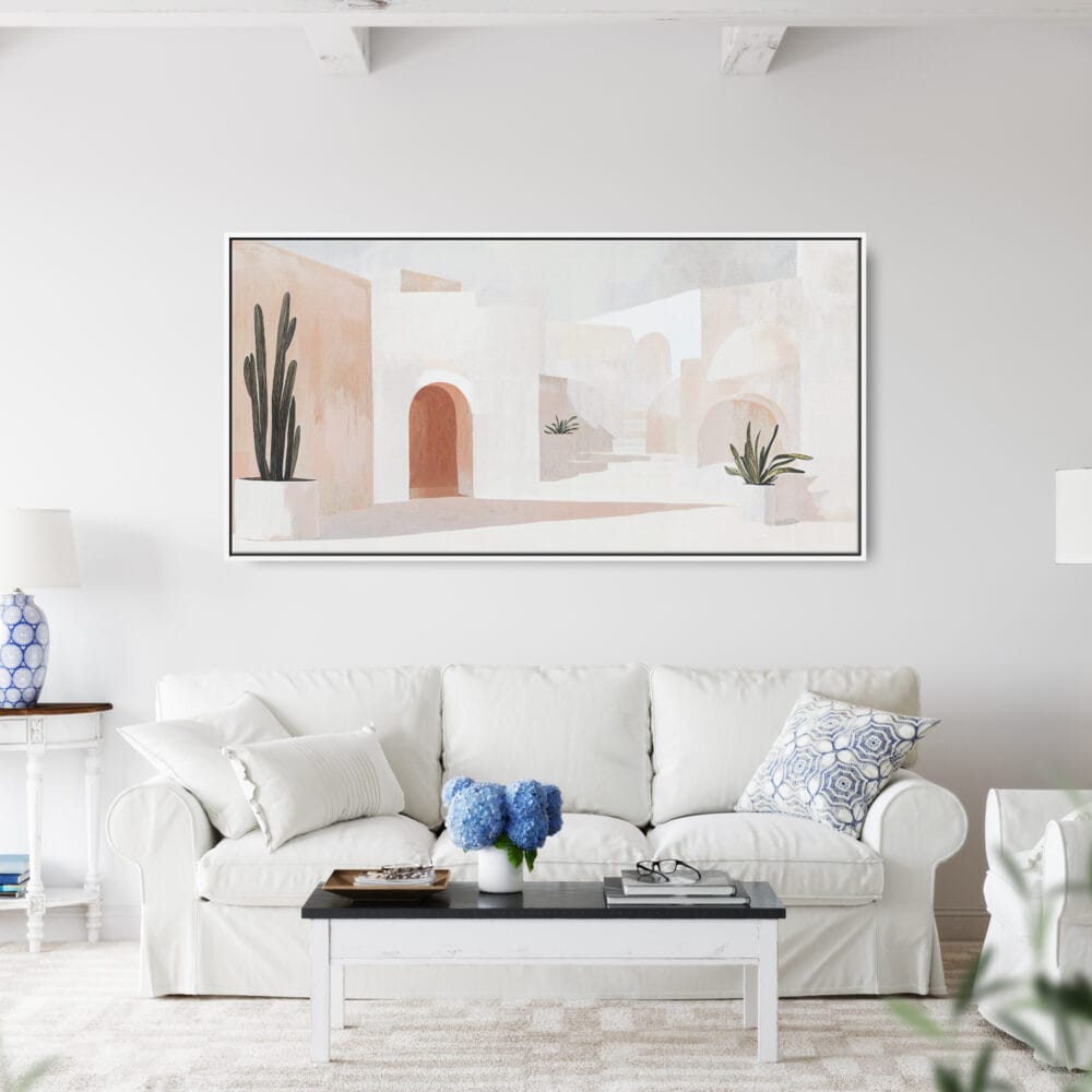 Framed Abstract Mid-Century Style Painting with mediterranean Vibes Canvas Art Print - Panorama Canvas Print - Living Room Framed Abstract Mid-Century Style Painting with mediterranean Vibes Canvas Art Print - Panorama Canvas Print - Living Room