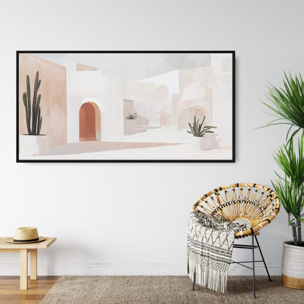 Framed Abstract Mid-Century Style Painting with mediterranean Vibes Canvas Wall Art - Larg Canvas Print - Lounge 1 Framed Abstract Mid-Century Style Painting with mediterranean Vibes Canvas Wall Art - Larg Canvas Print - Lounge 1