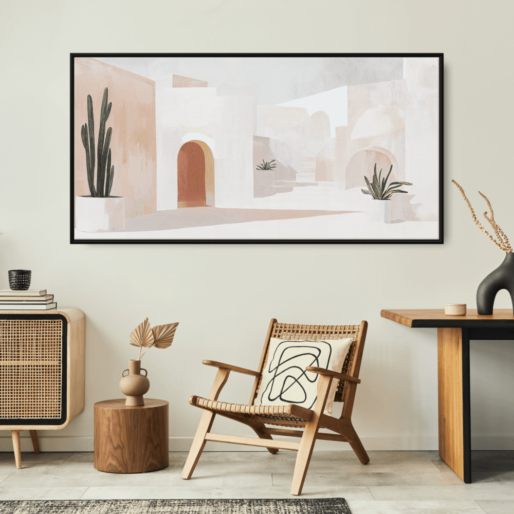 Framed Abstract Mid-Century Style Painting with mediterranean Vibes Canvas Wall Art - Panorama Canvas Print - Lounge- Framed Abstract Mid-Century Style Painting with mediterranean Vibes Canvas Wall Art - Panorama Canvas Print - Lounge-