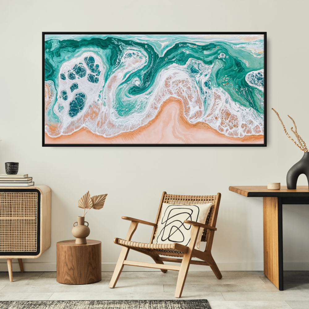 Framed Abstract Ocean Wave Canvas Wall Art - Panorama Canvas Print - Boho Lounge Framed Abstract Ocean Wave Canvas Wall Art - Panorama Canvas Print - Boho Lounge