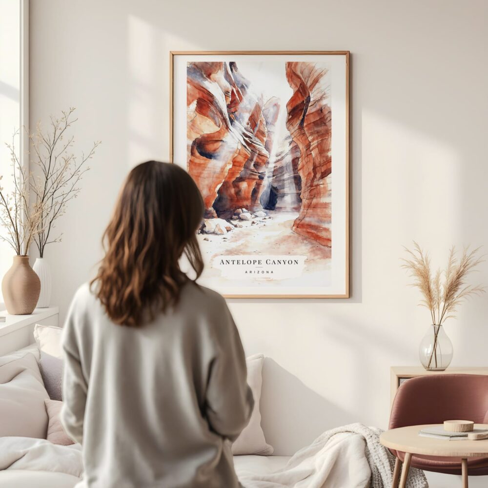Framed Antelope Canyon Watercolor Wall Art - In Living Room with Woman Looking at it - Portrait Framed Antelope Canyon Watercolor Wall Art - In Living Room with Woman Looking at it - Portrait
