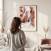 Framed Antelope Canyon Watercolor Wall Art - In Living Room with Woman Looking at it - Portrait