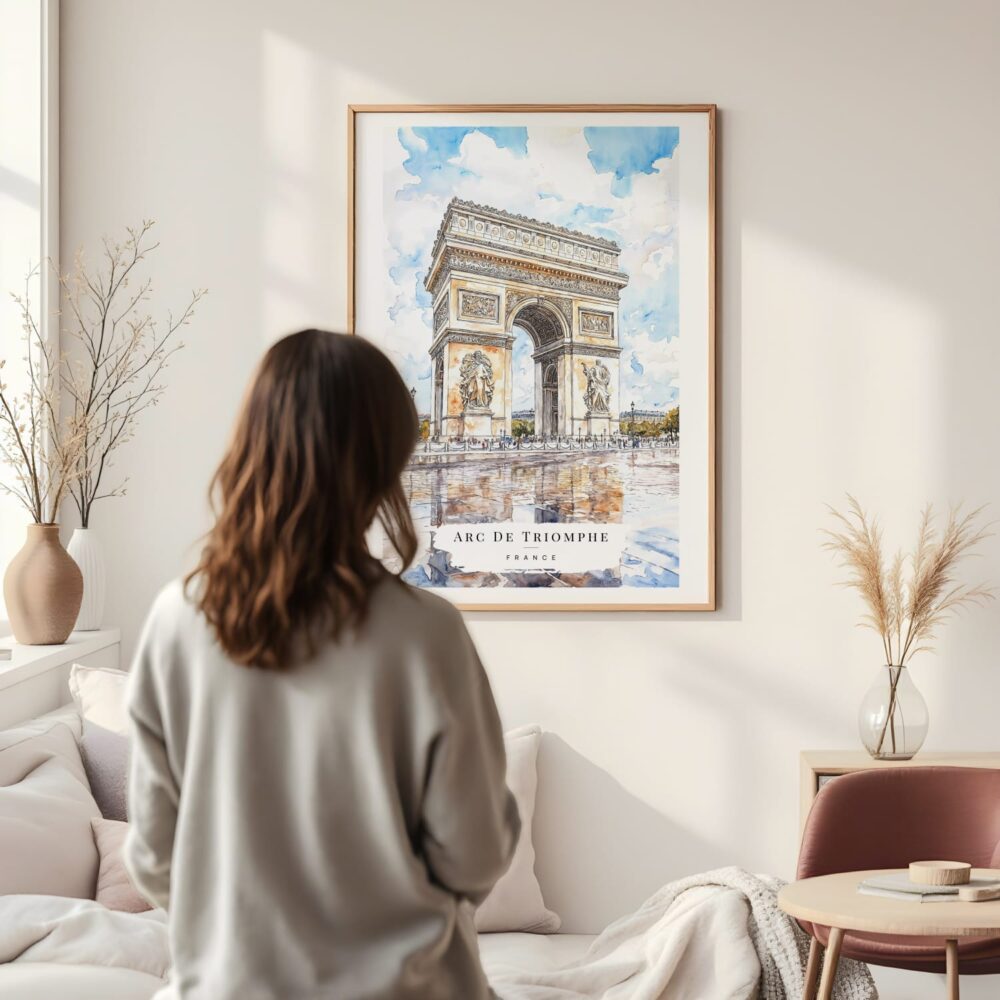 Framed Arc De Triomphe Watercolor Wall Art - In Living Room with Woman Looking at it - Portrait Framed Arc De Triomphe Watercolor Wall Art - In Living Room with Woman Looking at it - Portrait