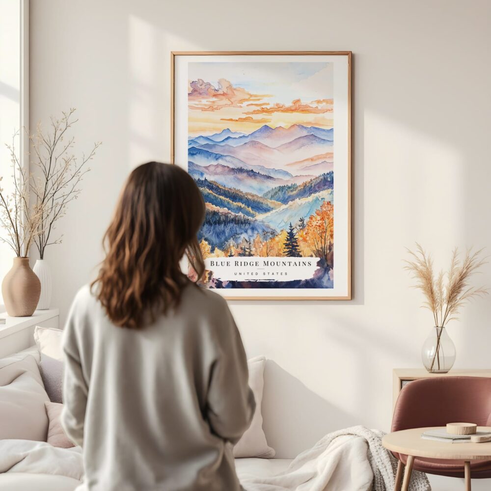 Framed Blue Ridge Mountains Watercolor Wall Art - In Living Room with Woman Looking at it - Portrait Framed Blue Ridge Mountains Watercolor Wall Art - In Living Room with Woman Looking at it - Portrait