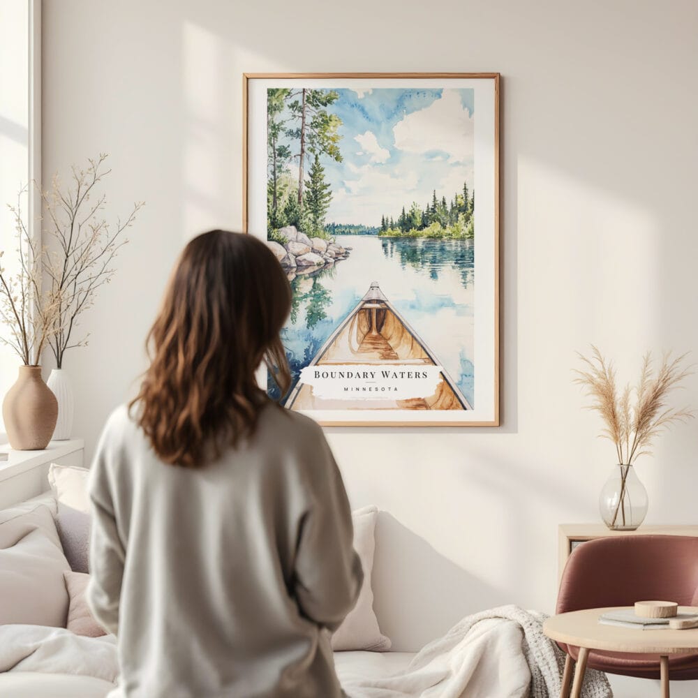 Framed Boundary Waters Minnesota Watercolor Wall Art - In Living Room with Woman Looking at it - Portrait Framed Boundary Waters Minnesota Watercolor Wall Art - In Living Room with Woman Looking at it - Portrait