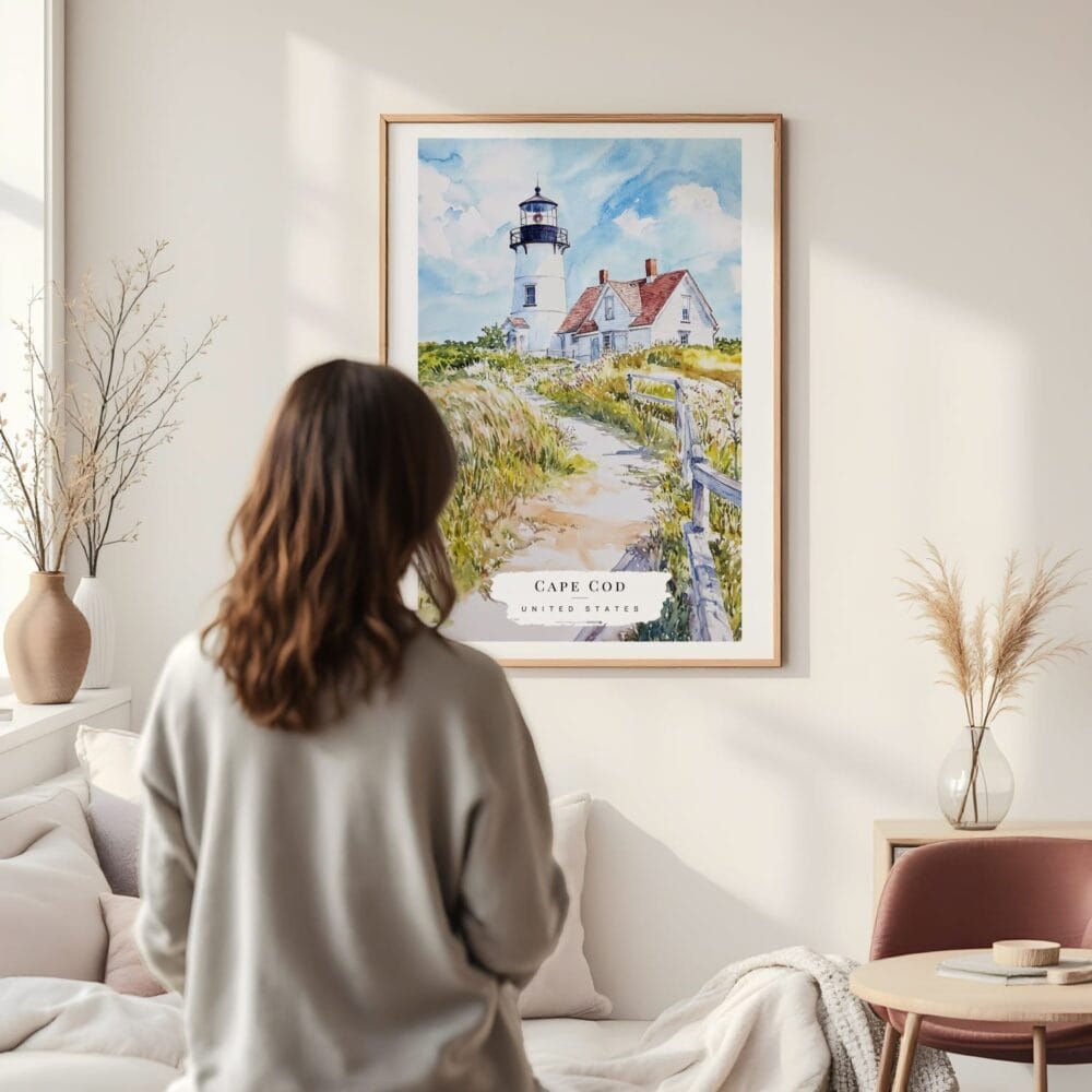 Framed Cape Cod Nobska Lighthouse Watercolor Wall Art - In Living Room with Woman Looking at it - Portrait Framed Cape Cod Nobska Lighthouse Watercolor Wall Art - In Living Room with Woman Looking at it - Portrait