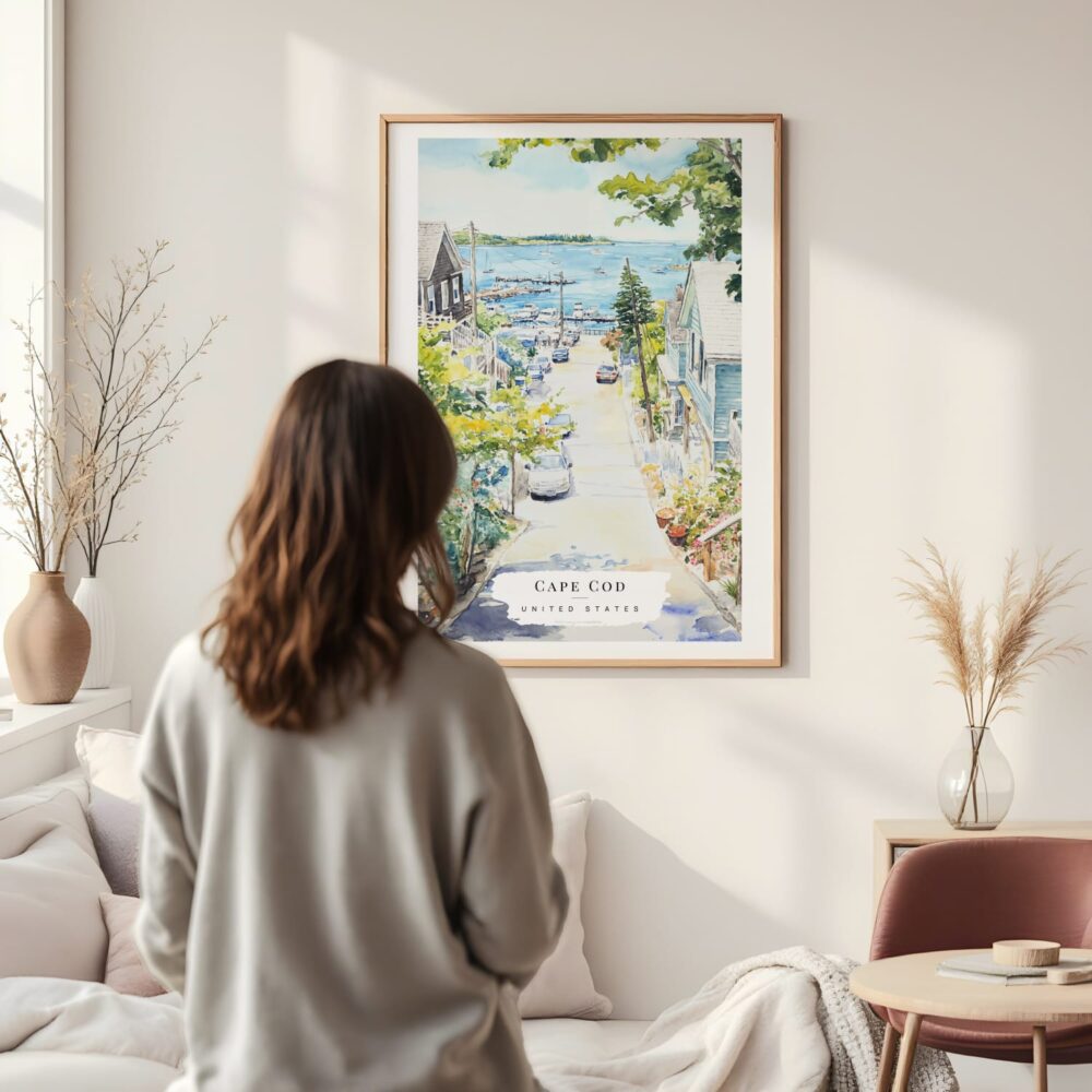 Framed Cape Cod Provincetown Watercolor Wall Art - In Living Room with Woman Looking at it - Portrait Framed Cape Cod Provincetown Watercolor Wall Art - In Living Room with Woman Looking at it - Portrait