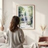Framed Cuyahoga Valley National Park Watercolor Wall Art - In Living Room with Woman Looking at it - Portrait