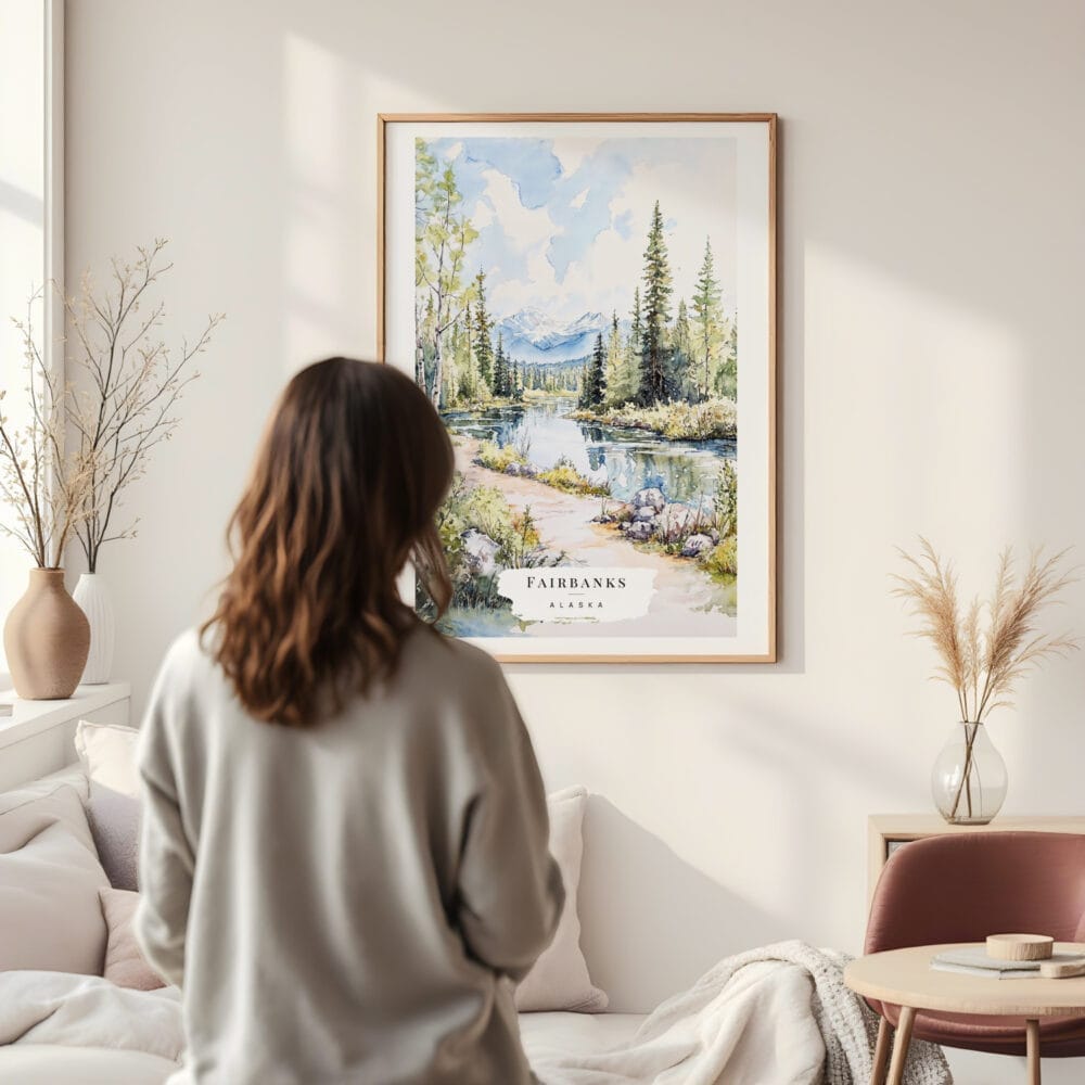 Framed Fairbanks Alaska Nature Watercolor Wall Art - In Living Room with Woman Looking at it - Portrait Framed Fairbanks Alaska Nature Watercolor Wall Art - In Living Room with Woman Looking at it - Portrait