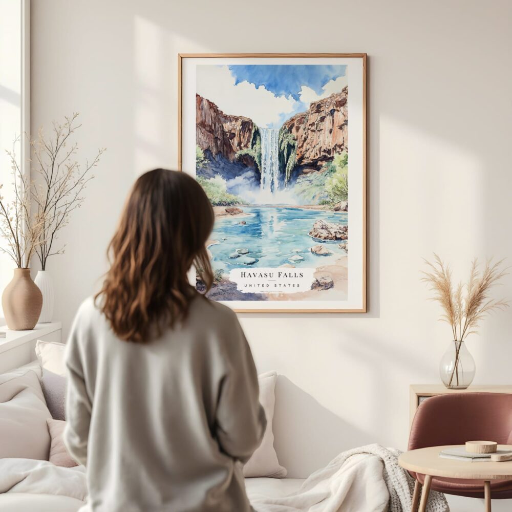 Framed Havasu Falls Watercolor Wall Art - In Living Room with Woman Looking at it - Portrait Framed Havasu Falls Watercolor Wall Art - In Living Room with Woman Looking at it - Portrait