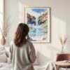 Framed Havasu Falls Watercolor Wall Art - In Living Room with Woman Looking at it - Portrait