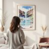 Framed Havasu Falls Watercolor Wall Art - In Living Room with Woman Looking at it - Portrait