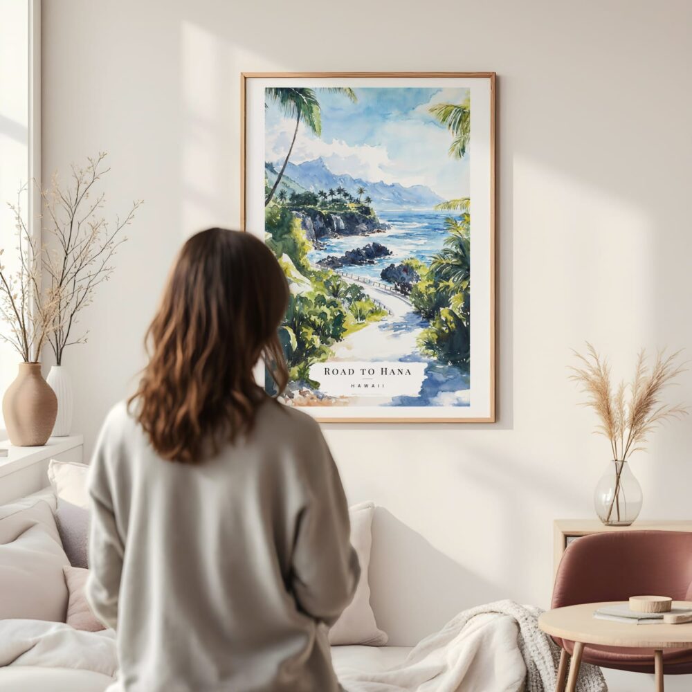 Framed Hawaii Road to Hana Watercolor Wall Art - In Living Room with Woman Looking at it - Portrait Framed Hawaii Road to Hana Watercolor Wall Art - In Living Room with Woman Looking at it - Portrait