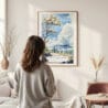 Framed Hawaii Volcanoes National Park Watercolor Wall Art - In Living Room with Woman Looking at it - Portrait