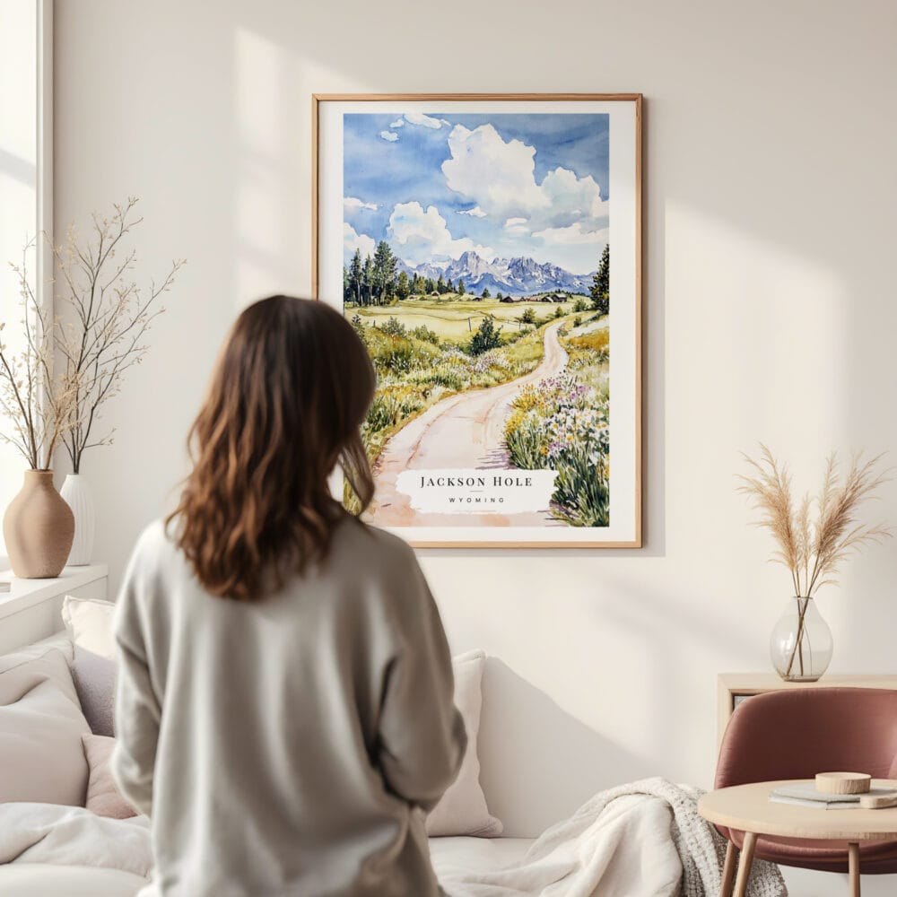 Framed Jackson Hole Nature Watercolor Wall Art - In Living Room with Woman Looking at it - Portrait Framed Jackson Hole Nature Watercolor Wall Art - In Living Room with Woman Looking at it - Portrait
