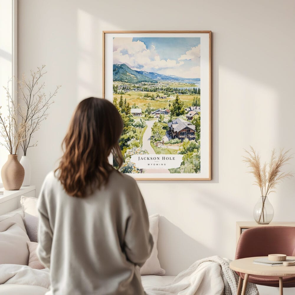 Framed Jackson Hole Wyoming Watercolor Wall Art - In Living Room with Woman Looking at it - Portrait Framed Jackson Hole Wyoming Watercolor Wall Art - In Living Room with Woman Looking at it - Portrait
