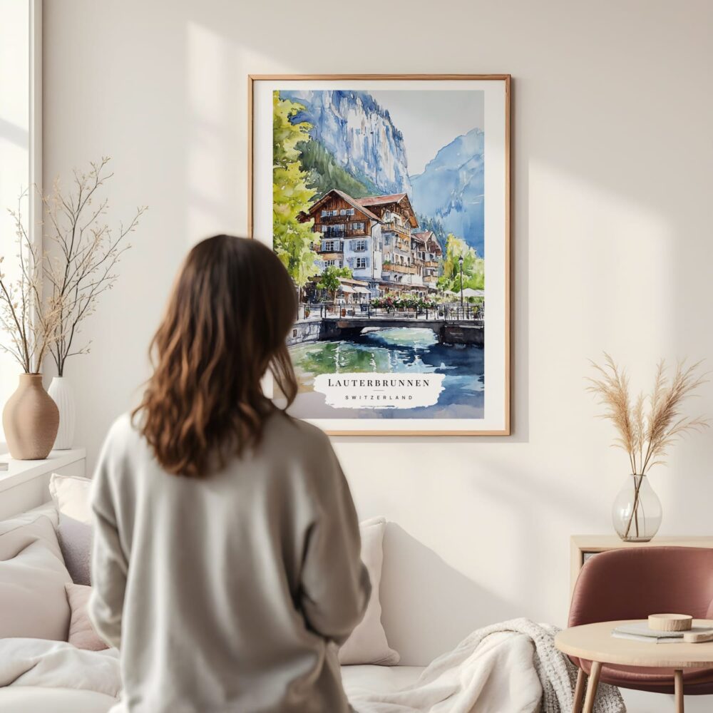 Framed Lauterbrunnen Switzerland Watercolor Wall Art - In Living Room with Woman Looking at it - Portrait Framed Lauterbrunnen Switzerland Watercolor Wall Art - In Living Room with Woman Looking at it - Portrait