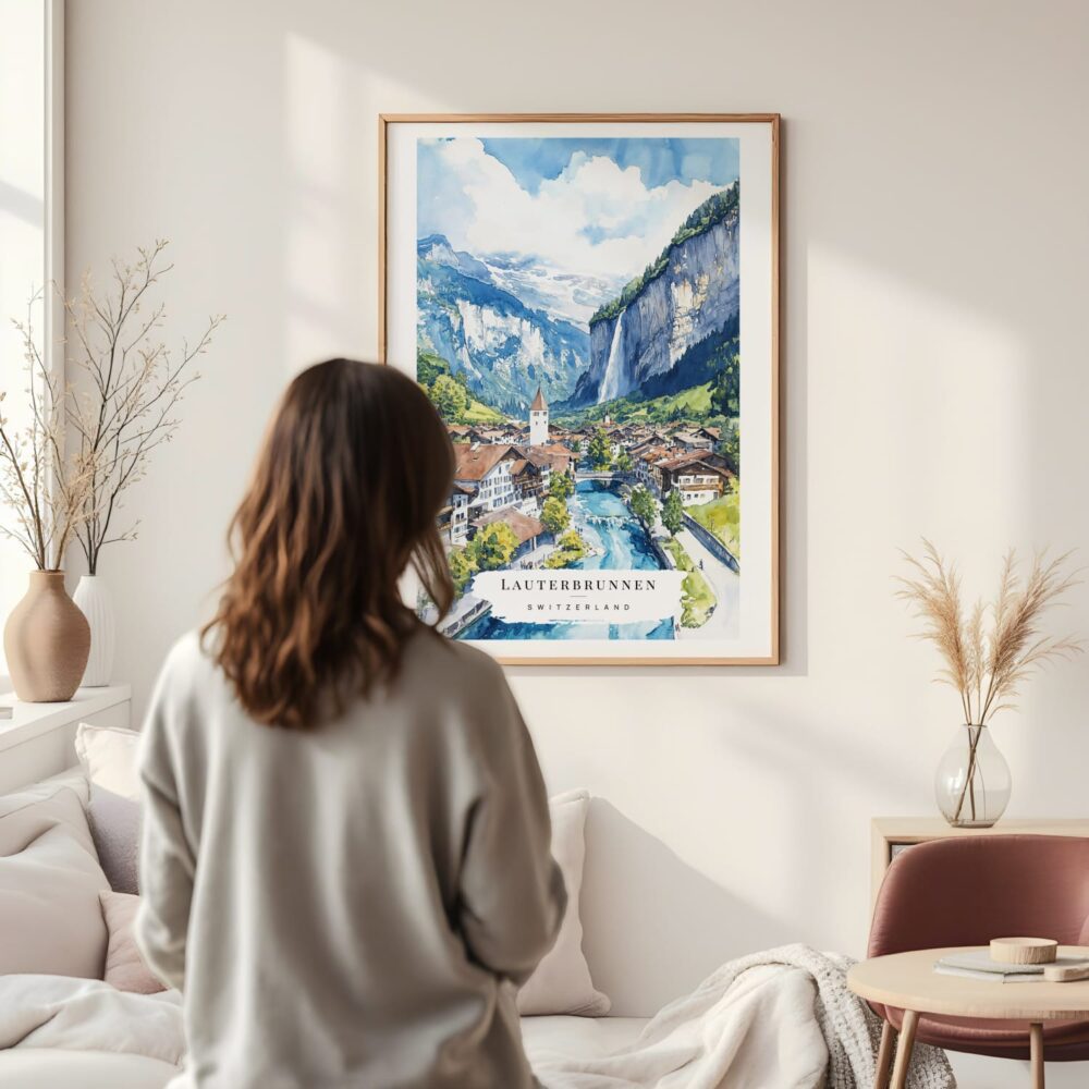 Framed Lauterbrunnen Watercolor Wall Art - In Living Room with Woman Looking at it - Portrait Framed Lauterbrunnen Watercolor Wall Art - In Living Room with Woman Looking at it - Portrait