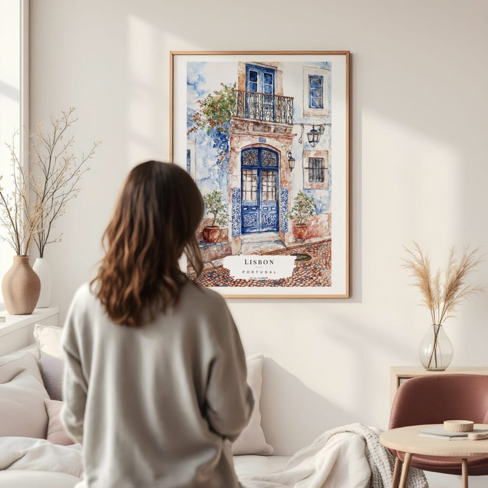 Framed Lisbon Streets Watercolor Wall Art - In Living Room with Woman Looking at it - Portrait Framed Lisbon Streets Watercolor Wall Art - In Living Room with Woman Looking at it - Portrait