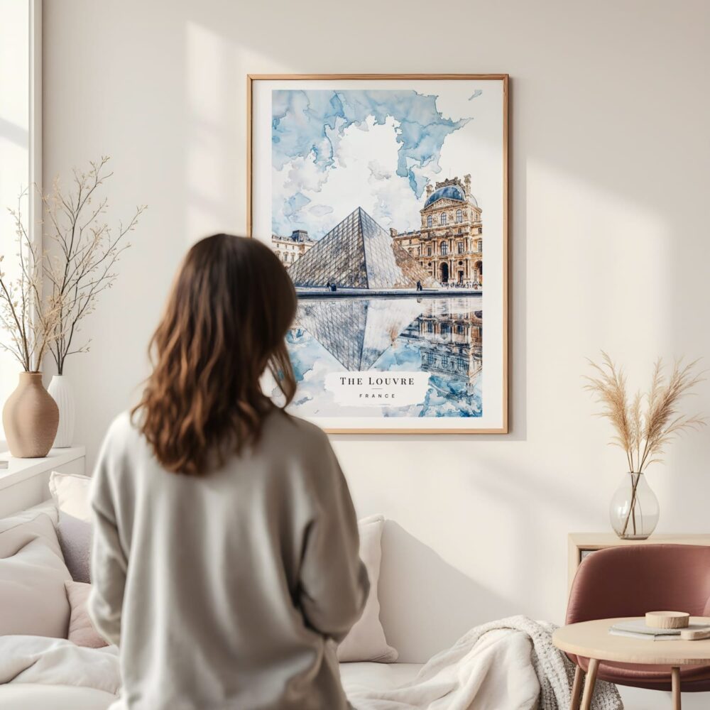 Framed Louvre Watercolor Wall Art - In Living Room with Woman Looking at it - Portrait Framed Louvre Watercolor Wall Art - In Living Room with Woman Looking at it - Portrait