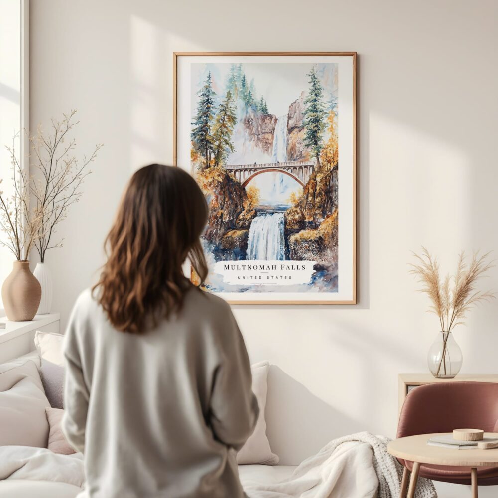 Framed Multnomah Falls Watercolor Wall Art - In Living Room with Woman Looking at it - Portrait Framed Multnomah Falls Watercolor Wall Art - In Living Room with Woman Looking at it - Portrait