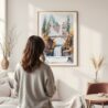 Framed Multnomah Falls Watercolor Wall Art - In Living Room with Woman Looking at it - Portrait