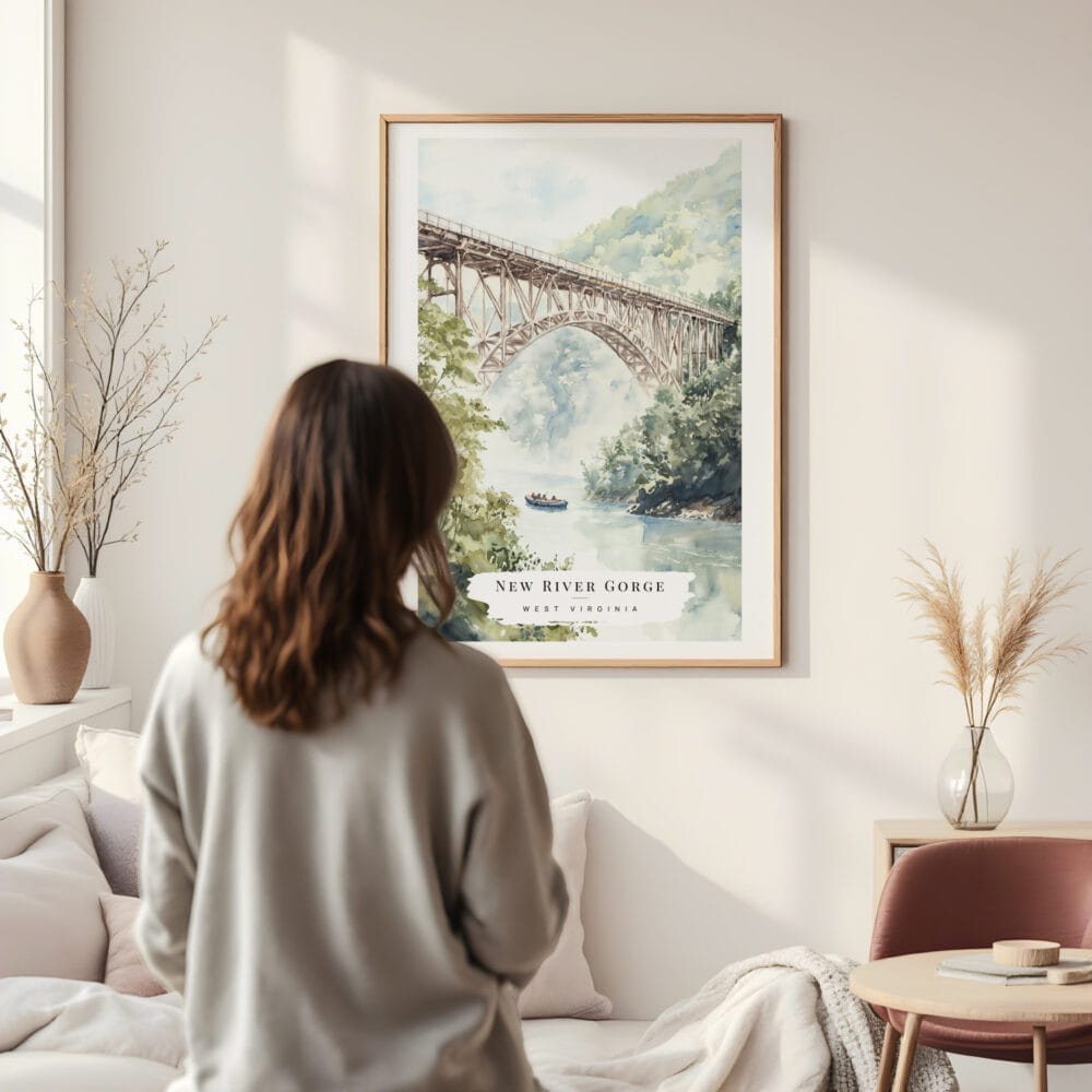 Framed New River Gorge Bridge Watercolor Wall Art - In Living Room with Woman Looking at it - Portrait Framed New River Gorge Bridge Watercolor Wall Art - In Living Room with Woman Looking at it - Portrait