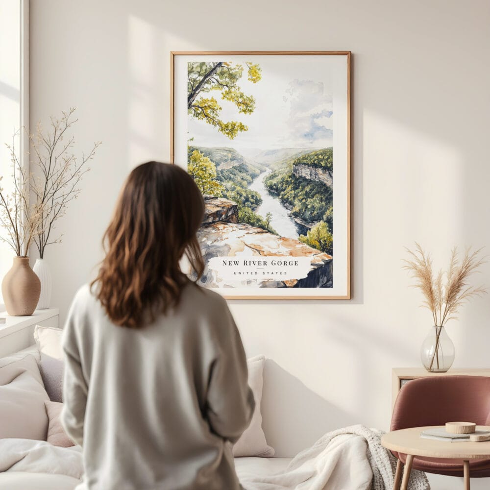 Framed New River Gorge National Park Watercolor Wall Art - In Living Room with Woman Looking at it - Portrait Framed New River Gorge National Park Watercolor Wall Art - In Living Room with Woman Looking at it - Portrait